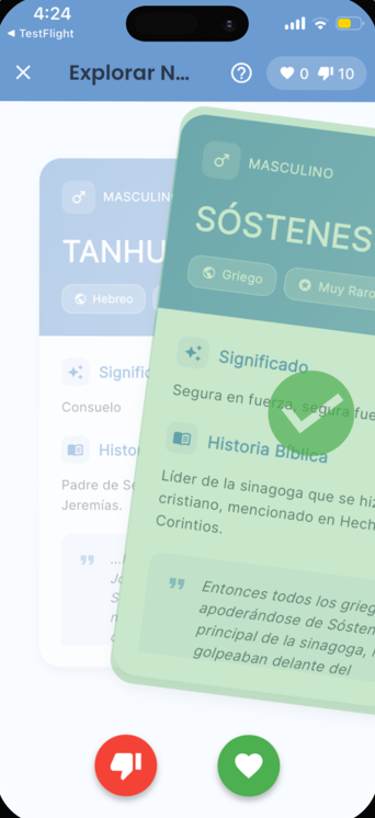 Pantalla de BibleNames deslizando nombres