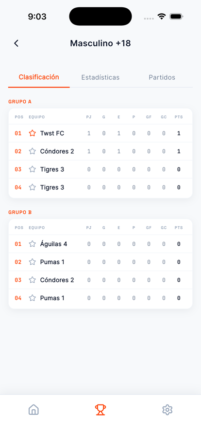 Pantalla de Copa 5:10 con la tabla de posiciones